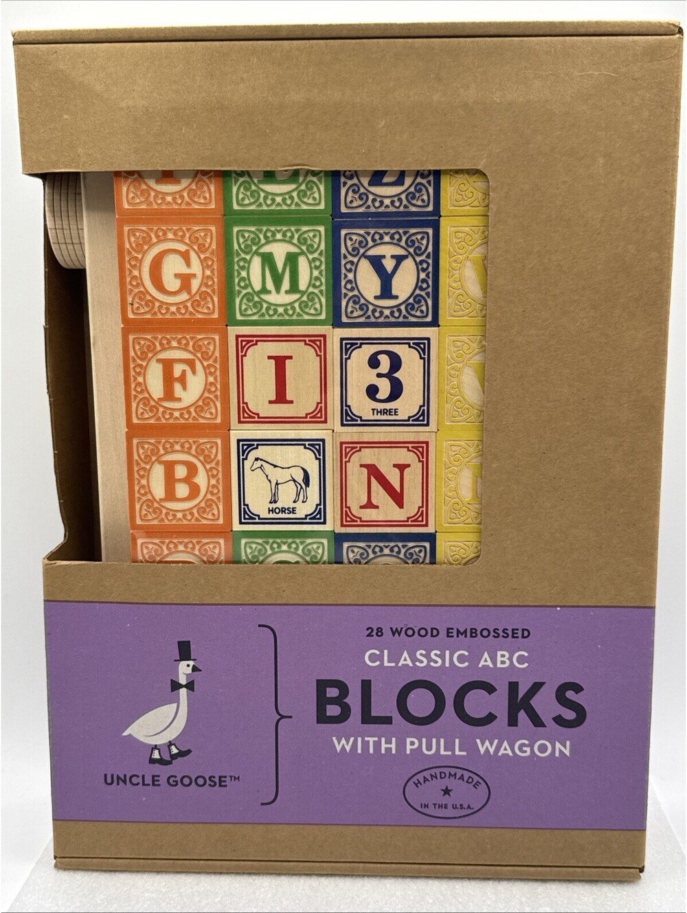 Uncle Goose Classic ABC Blocks 28 BassWood Embossed With Pull Wagon USA New Toy